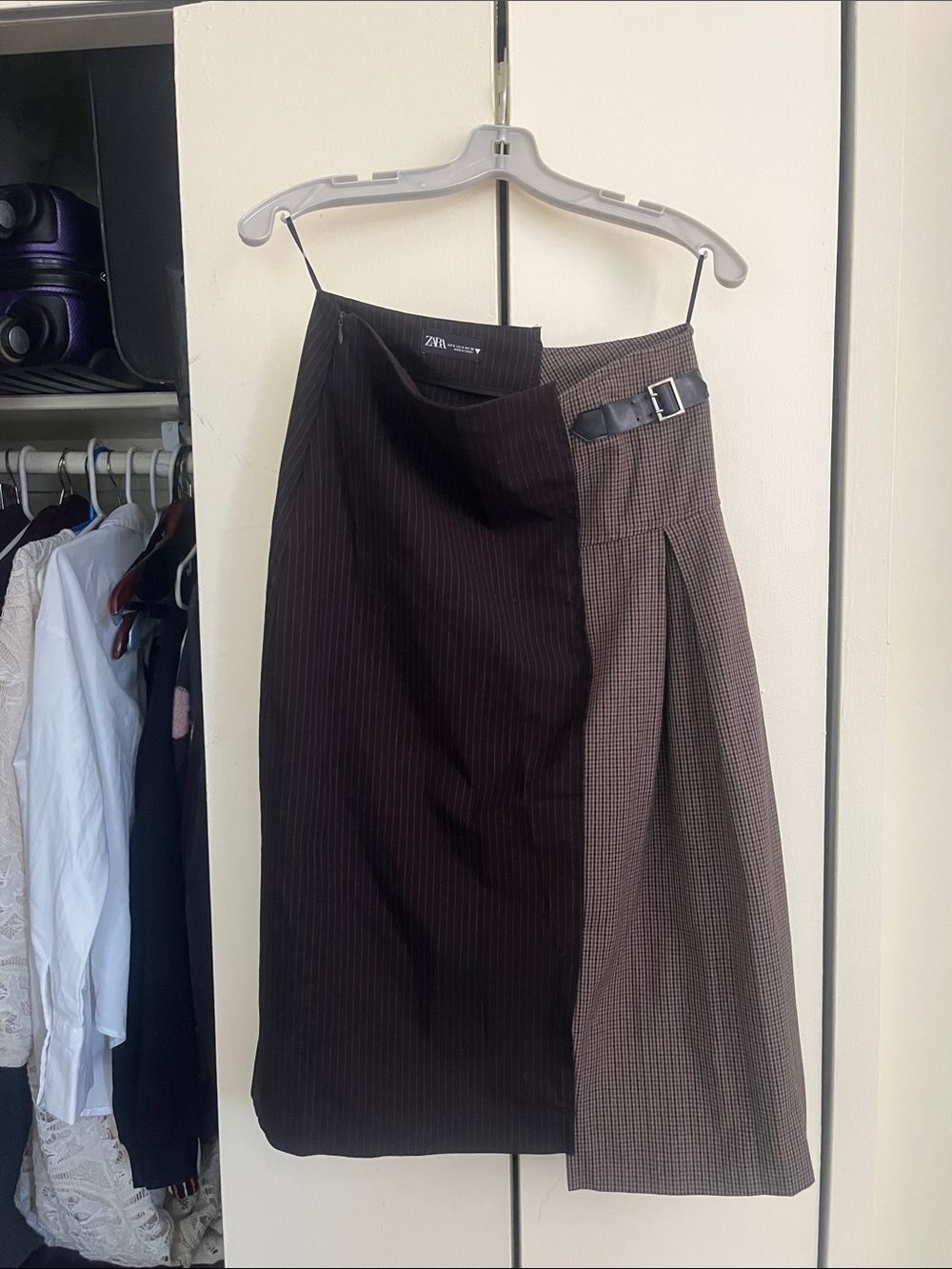 Zara Two-Tone Black and Brown Pinstripe Wrap Midi Skirt